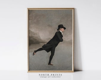 murale vintage hiver sombre | Gentleman patinant oeuvre d'art imprimable | Décoration des Fêtes neutre de mauvaise humeur | 976