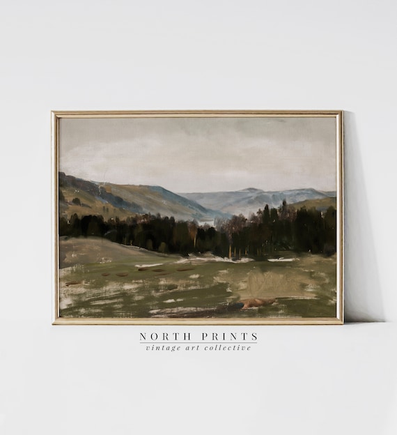 Rustic Landscape Oil Painting | Moody Mountain Print | Forest Wall Art Digital PRINTABLE | 1046