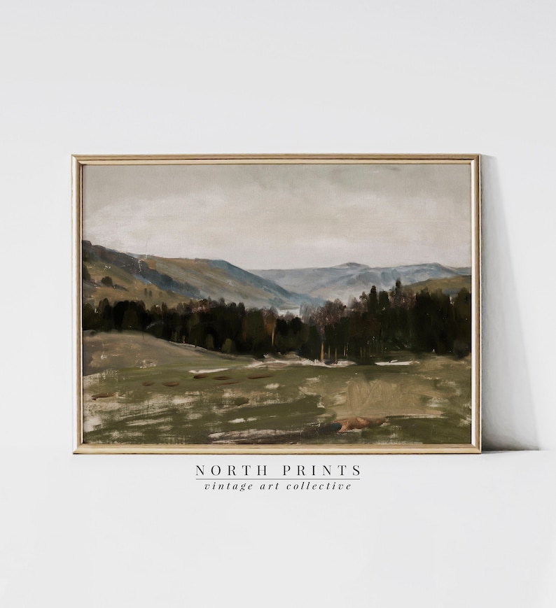 Rustic Landscape Oil Painting | Moody Mountain Print | Forest Wall Art Digital PRINTABLE | 1046 image 1