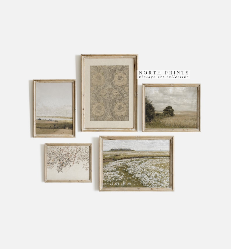 Vintage neutral gallery wall art set of five. Printable art from North Prints on Etsy.