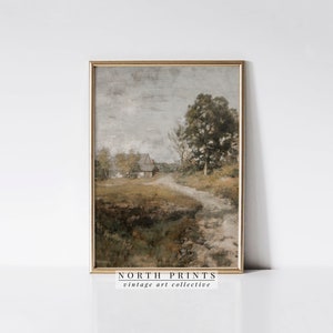 May include: A vintage painting of a rural landscape with a small house, trees, and a path leading to the house. The painting is in a gold frame and has a muted color palette of browns, greens, and blues.
