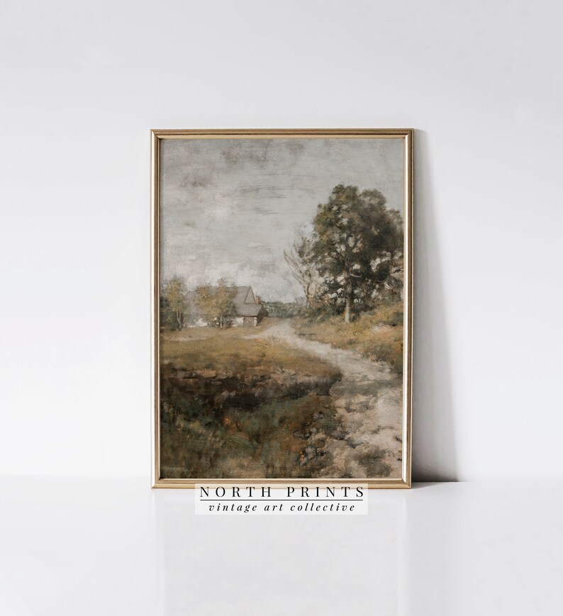May include: A vintage painting of a rural landscape with a small house, trees, and a path leading to the house. The painting is in a gold frame and has a muted color palette of browns, greens, and blues.