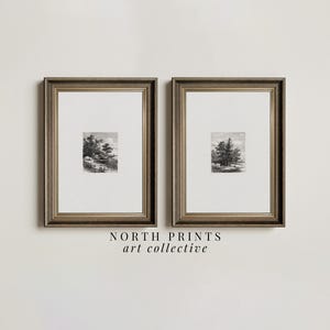 Simple Vintage Neutral Etching Print SET | Landscape Sketch Drawings North Pints PRINTABLE #S2-14