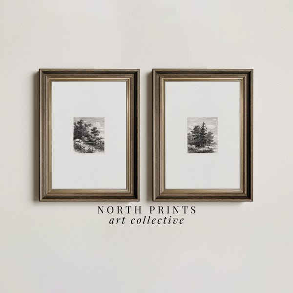 Simple Vintage Neutral Etching Print SET | Landscape Sketch Drawings North Pints PRINTABLE #S2-14