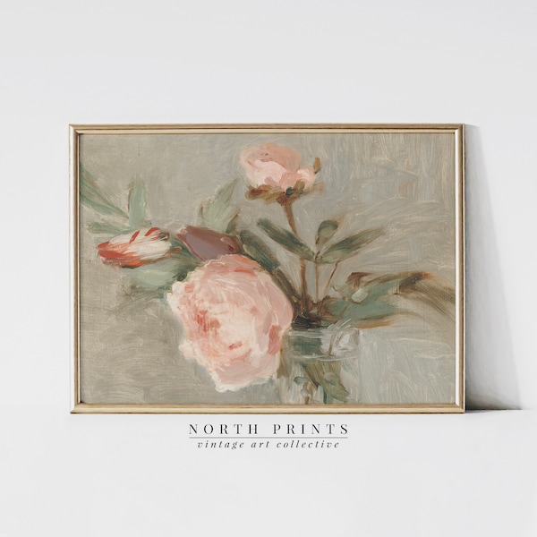 Pintura a óleo de rosas vintage: decoração de berçário rosa pêssego (arte digital para impressão) 5-197