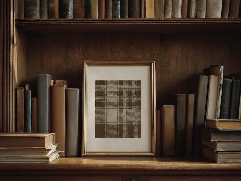 May include: A framed print with a brown and beige plaid pattern, displayed on a wooden shelf. The print is in a gold frame and surrounded by a collection of vintage books. The shelf is part of a dark wood bookcase.