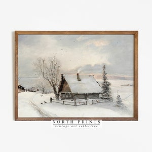 Rustiek winterolieverfschilderij Vintage Cottage print | Neutrale antieke muurkunst Noord-prints AFDRUKBAAR | 286