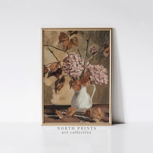 May include: A vintage painting of a white pitcher filled with pink hydrangeas and brown leaves. The painting is set against a light brown background.