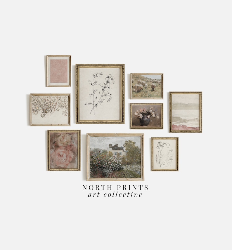 May include: A gallery wall featuring nine framed prints with various botanical and landscape themes. The prints are arranged in a symmetrical pattern and feature muted tones of beige, brown, and green. The text "NORTH PRINTS art collective" is displayed below the prints.