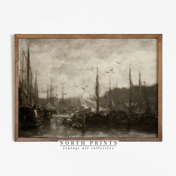 Moody Harbour Painting | Dark Nautical Sailboats PRINTABLE Art | North Prints #617