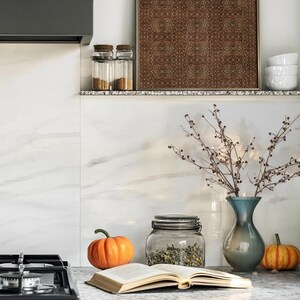 May include: A kitchen countertop scene featuring a gas hob, an open book, pumpkins, and a glass jar filled with herbs. A blue vase holds branches, and a framed artwork hangs above. The colour palette includes orange, brown, and white.