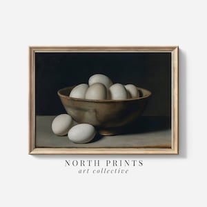 May include: A painting of a bowl of white eggs on a dark background. The bowl is brown and wooden, and the eggs are arranged in a cluster.