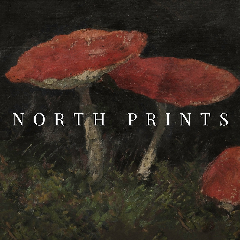 May include: A painting of three red mushrooms with white stems against a dark background. The text "NORTH PRINTS" is printed in white at the bottom of the image.