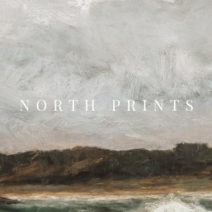 May include: A painting of a landscape with a cloudy sky and a dark green forest in the foreground. The text "NORTH PRINTS" is in the center of the image.