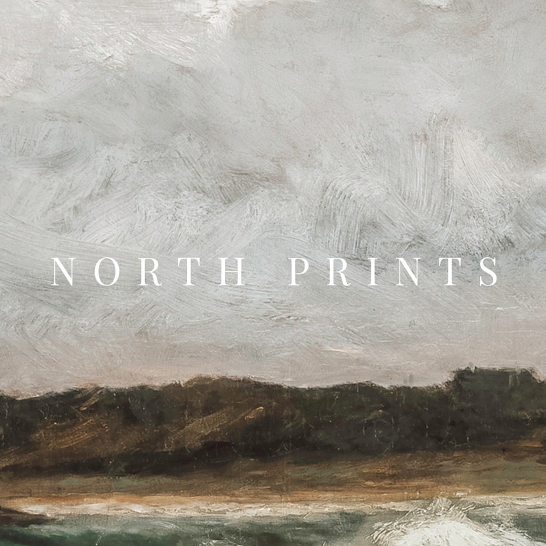 May include: A painting of a landscape with a cloudy sky and a dark green forest in the foreground. The text "NORTH PRINTS" is in the center of the image.