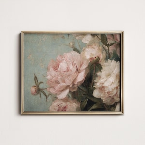 Stampa floreale vintage con peonia cipria: romantica decorazione murale in stile cottagecore STAMPABILE (download digitale) 9-70