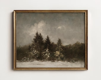 Vintage Winter Landscape Painting, Snowy Pine Forest Wall Art, Moody Holiday Printable Digital Art Download W2-60