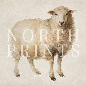 May include: Watercolor painting of a sheep with beige and brown tones. The sheep is standing and facing the viewer. The text "NORTH PRINTS" is overlaid on the image in a light color.