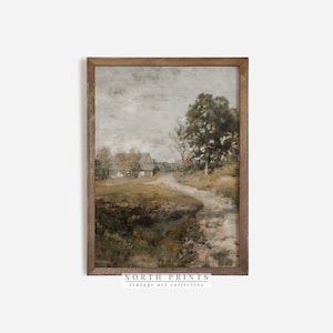 May include: A framed painting of a rural landscape with a small house in the distance, a winding path leading to it, and trees on either side. The sky is a muted gray with hints of blue, and the overall color palette is muted and earthy.