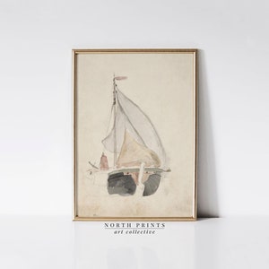 Antique Nautical Watercolor Painting | Boat Coastal Farmhouse Art Warm Neutral Tones PRINTABLE Digital Download North Prints | 6-34
