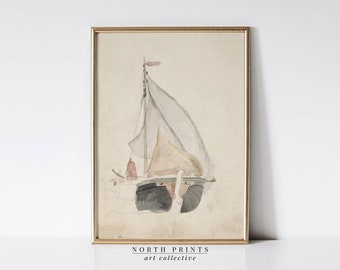 Antique Nautical Watercolor Painting | Boat Coastal Farmhouse Art Warm Neutral Tones PRINTABLE Digital Download North Prints | 6-34