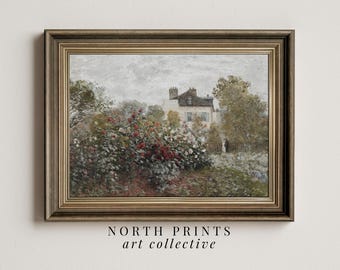 Peinture roseraie de cottage, art mural paysage de campagne, impression de paysage de scène d&#39;été, numérique imprimable, 4-109