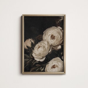 May include: A painting of white roses on a dark background. The roses are arranged in a cluster, with their petals overlapping. The painting is framed in a gold frame.