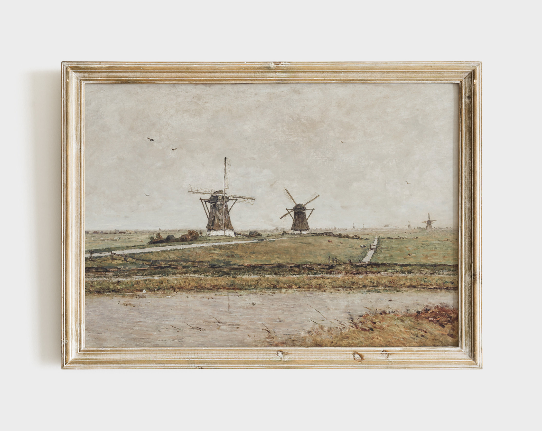 オランダの風車の風景画｜ヴィンテージオランダの田園風景油絵（印刷