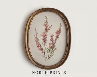 May include: An oval framed print featuring a botanical illustration of pink flowering branches. The artwork is set against a neutral background and framed in a gold-colored, ornate oval frame. The text "NORTH PRINTS" is printed at the bottom.