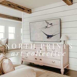 Puede incluir: Una c&oacute;moda pintada de rosa con seis cajones y herrajes de lat&oacute;n. La c&oacute;moda est&aacute; delante de una pared blanca de tablones de madera con una impresi&oacute;n enmarcada de dos p&aacute;jaros en vuelo. El texto "NORTH PRINTS art collective" est&aacute; superpuesto a la imagen.