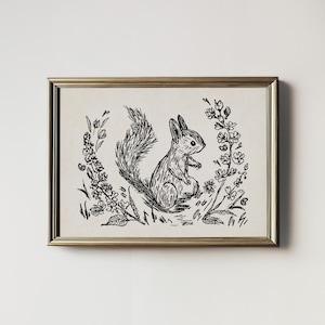 May include: Black and white line art illustration of a squirrel sitting in a field of flowers. The squirrel is facing to the right and has a bushy tail. The flowers are in bloom and have delicate petals.