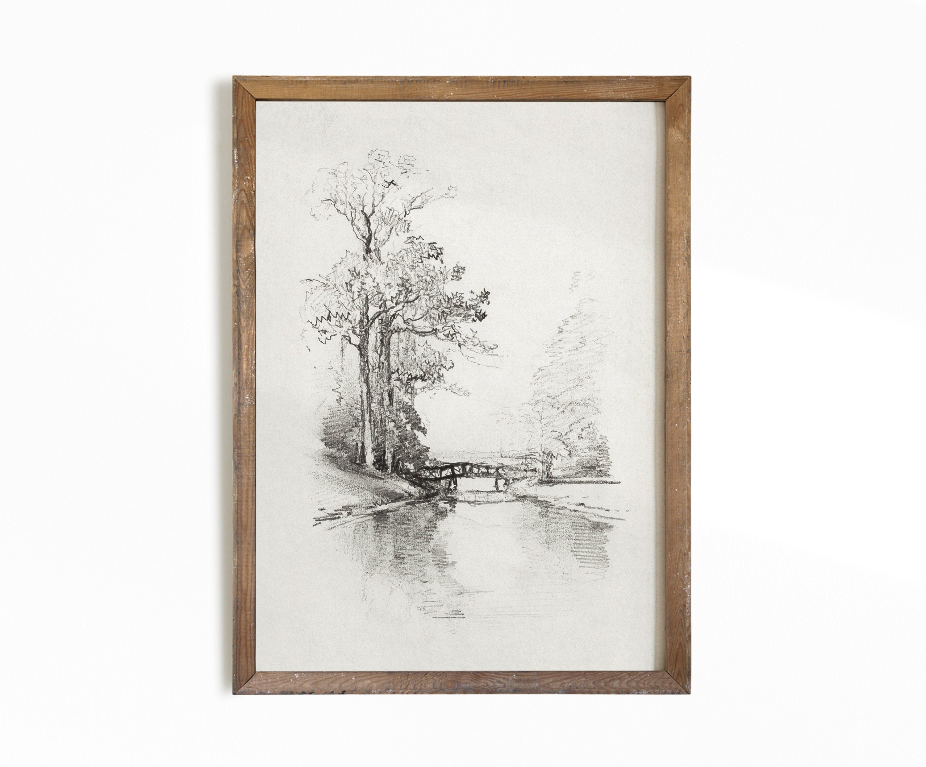 風景スケッチ | ヴィンテージエッチング | 橋と木の絵（印刷可能