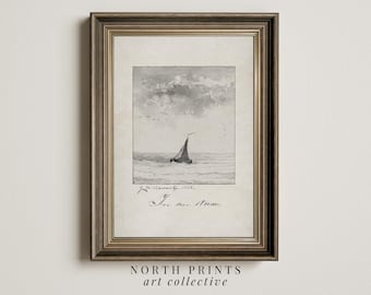 Puede incluir: Una ilustración en blanco y negro enmarcada de un velero en un mar ondulado con un cielo nublado. El texto "J.C. Schemer, 1828. For the Home." está escrito debajo de la imagen.