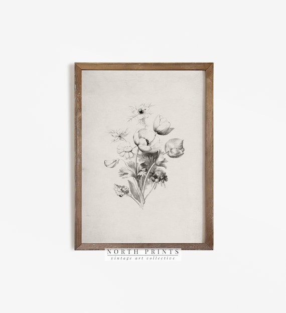 Antique Neutral Flower Sketch | Farmhouse Floral Nursery Art Print | Digital PRINTABLE | 1083