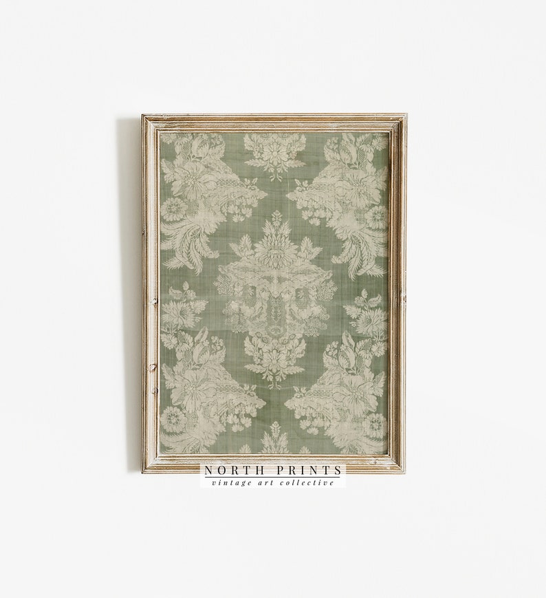 May include: A framed print of a vintage green and white damask pattern. The print is in a light wood frame with a white background. The text "NORTH PRINTS vintage art collective" is at the bottom of the print.