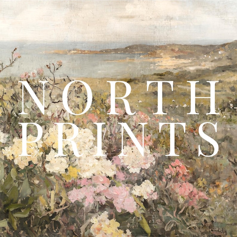 Peut inclure: Une peinture d'un paysage c&ocirc;tier avec un champ de fleurs roses et blanches au premier plan. Le texte "NORTH PRINTS" est superpos&eacute; &agrave; l'image.