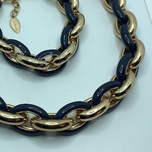 Conjunto de joyas vintage de Coldwater Creek: collar y pulsera de cadena dorada con esmalte azul