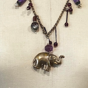 Large Elephant Charm Pendant  Purple Amethyst Silver Ton  Necklace