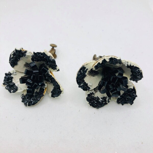 Vintage   Dangle Vendome  Black Glass Beaded White Leather Clip On Earrings 1940's