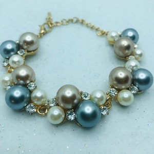 Vintage Bridesmaid Faux Pearl Bracelet, Champagne and White Gray Pearl Bracelet, Bridal Jewelry, Wedding Bracelet 6-7 inch