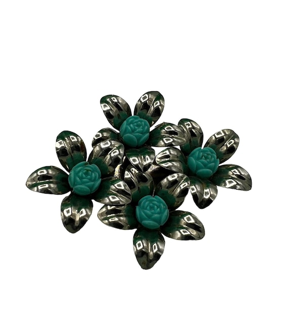 Vintage Silver Toned Costume Flower Brooch w/ Aqu… - image 1