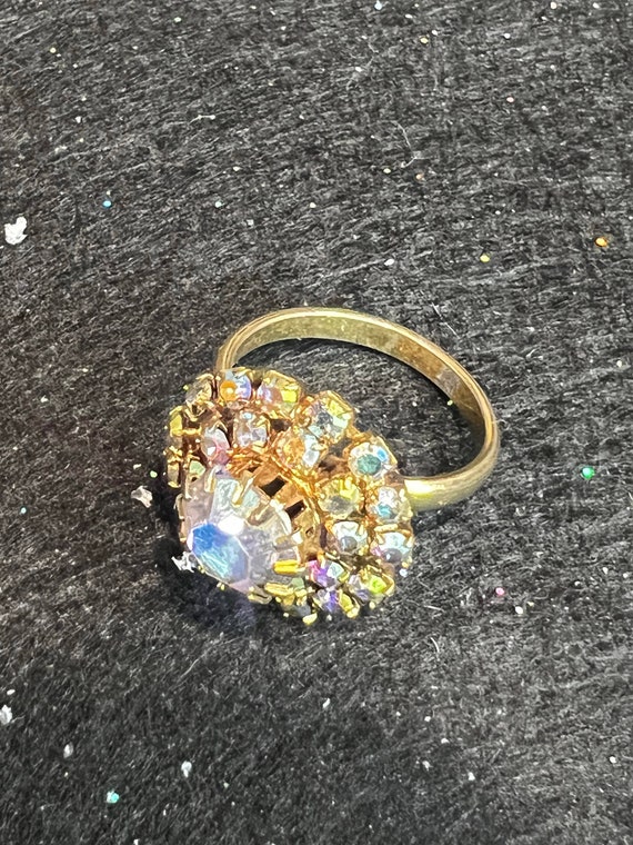 Vintage Rainbow Rhinestone Crystal Flower Ring, a… - image 2