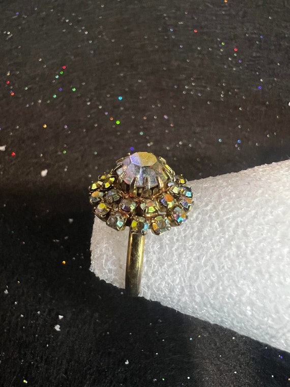 Vintage Rainbow Rhinestone Crystal Flower Ring, a… - image 9
