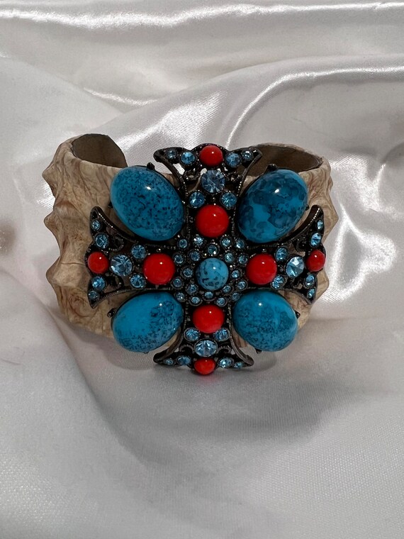 Vintage Cuff Bracelet  Leather Faux Turquoise and… - image 4