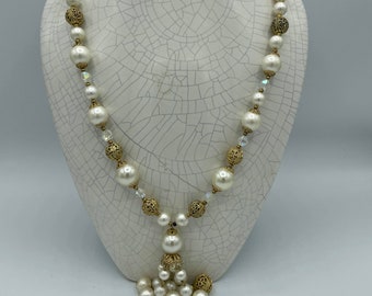 Vintage necklace  AB crystal beads, gold filigree and faux pearls bib