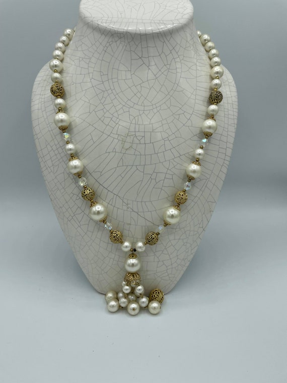 Vintage necklace  AB crystal beads, gold filigree… - image 1
