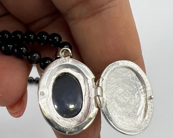 Sterling Silver Oval Photo Locket Pendant , Black Onyx Gemstone  Necklace