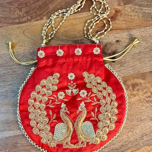 Red Silk Peacock Potli Bag Zari Embroidered Wedding Clutch Purse