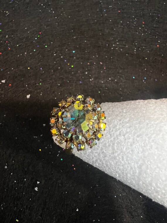 Vintage Rainbow Rhinestone Crystal Flower Ring, a… - image 5