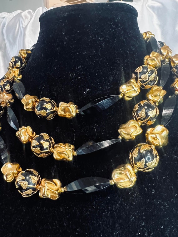 Deauville Signed Triple Strand Black and Gold Bead